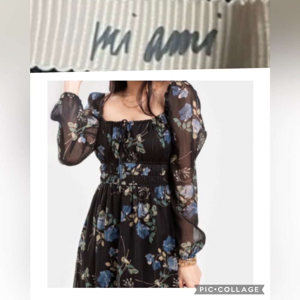 Francesca’s mi ami Blue and Black Dress with Sheer Bishop Sleeves